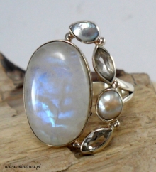 Kamień księżycowy,perła naturalna, kryształ górski - pierścionek